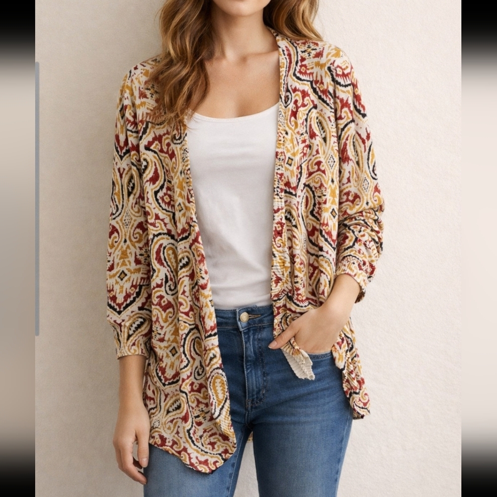New Directions Paisley Print Open Front Cardigan Size M Boho Chic Festival